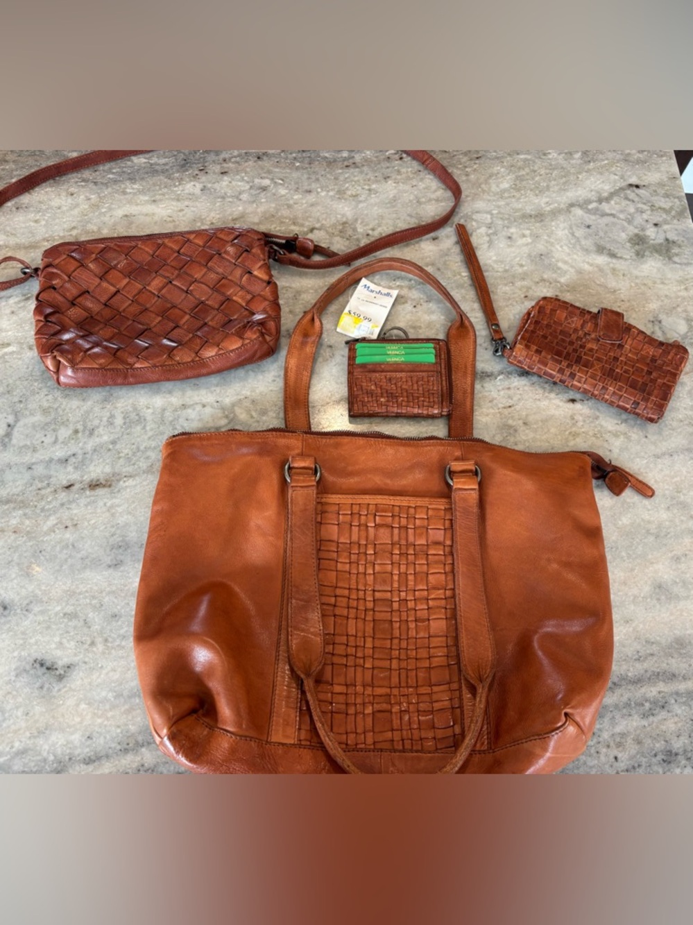 Woven Panel Leather Tote in Cognac
